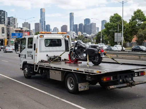 Illustration of a motorcycle secured on a tilt-tray truck in Melbourne